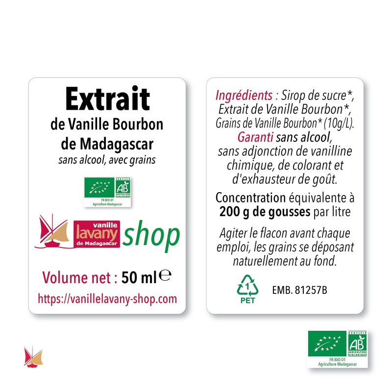Label of 1 Bottle of Liquid Extract of LAVANY Bourbon Vanilla from Madagascar Organic Farming Volume 50 ml