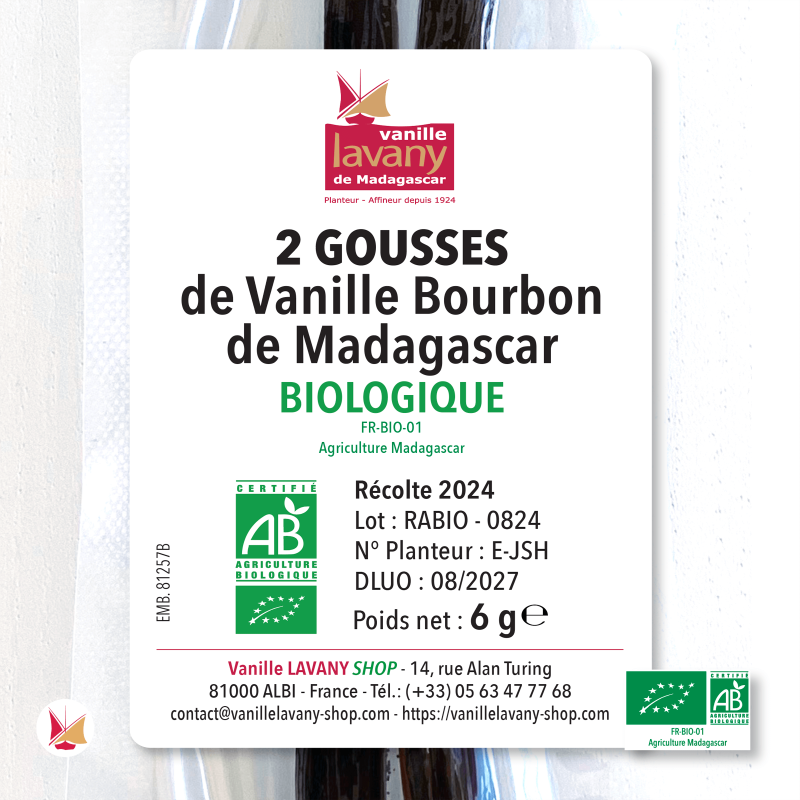 Label of 2 organic LAVANY Bourbon Vanilla Pods from Madagascar in a vacuum-sealed bag - Total net weight 6 g