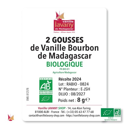 Etiquette de 2 Gousses de Vanille Biologique LAVANY Bourbon de Madagascar - Poids net total 8 g