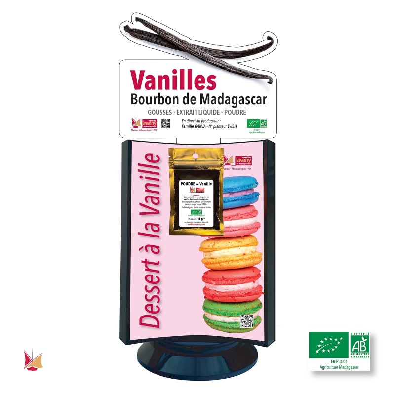 Counter display for 3 LAVANY Vanilla products: Pods, Extracts, Organic Farming Powder