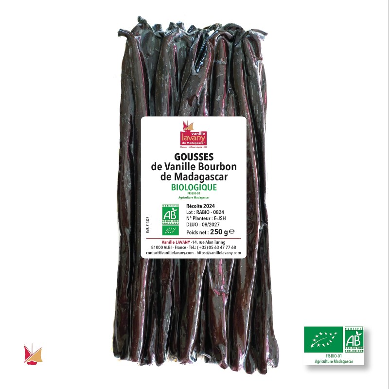 Organic LAVANY Bourbon Vanilla Pods from Madagascar in a vacuum-sealed bag - Total net weight 250 g
