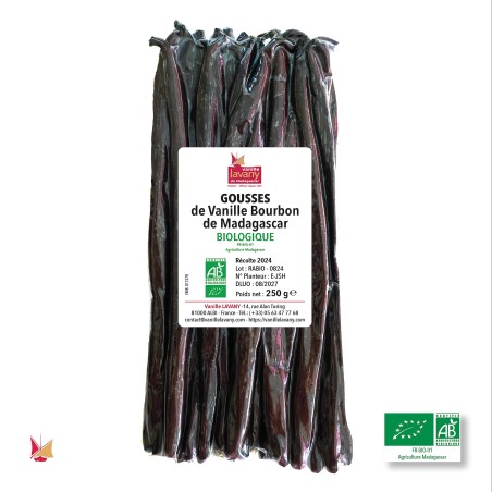 Gousses de Vanille Biologique LAVANY Bourbon de Madagascar en sachet sous vide - Poids net total 250 g