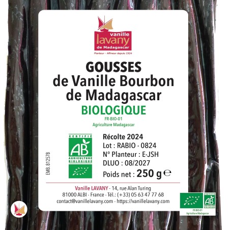Label of a vacuum-sealed bag of LAVANY Organic Bourbon Vanilla Pods from Madagascar - Total net weight 250 g