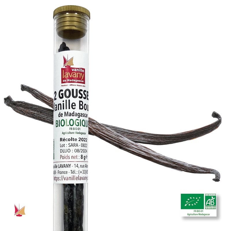 2 LAVANY Organic Madagascar Bourbon Vanilla Pods in a glass tube - Total net weight 8 g