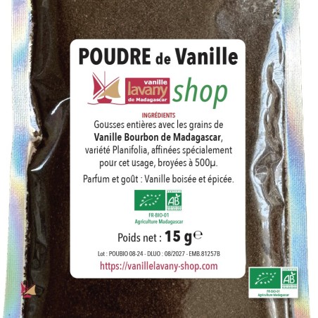 Etiquette d'une Pochette ZIP de 15 g de Poudre de Vanille LAVANY issue de gousses Bourbon de Madagascar Agriculture Biologique